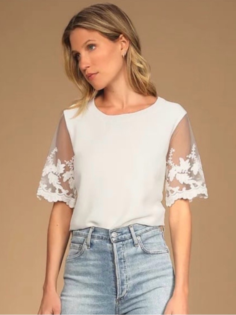 Lulus White Top with Sheer Embroidered Sleeves NWT - Picture 2 of 12